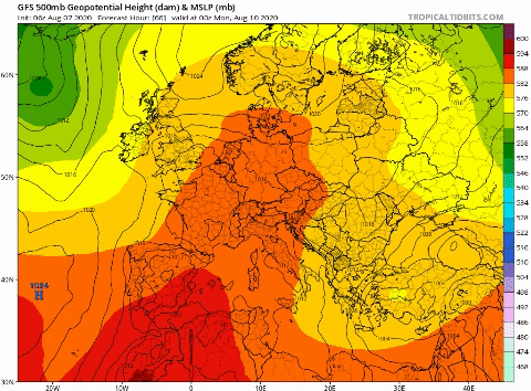 Temperatura y geopotencial a 500 hPa previsto por el modelo GFS / Tropical Tidbits