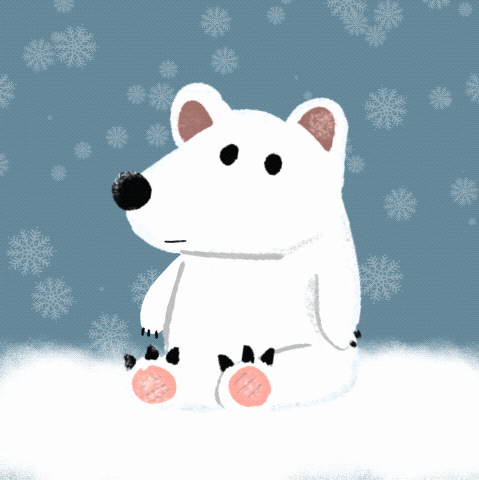 A cartoon polar bear waves, with a background of snowflakes.