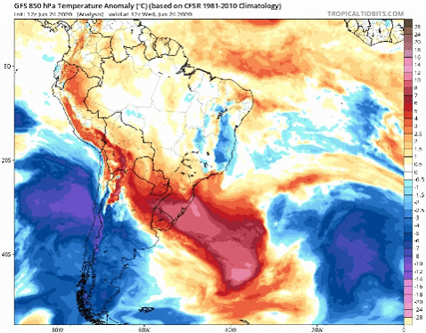GiphTemperatura y geopotencial a 850 hPa previsto entre el miércoles y el sábado en Sudamérica por el modelo GFS / Tropical Tidbits