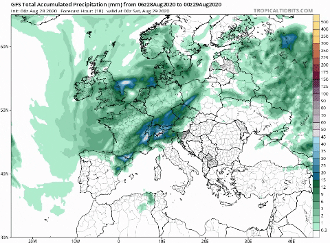 Acumulación de precipitación prevista hasta las 00:00 del domingo / GFS / Tropical Tidbits