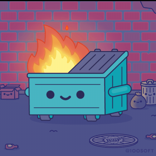 Animated gif of a blue smiling dumpster on fire
