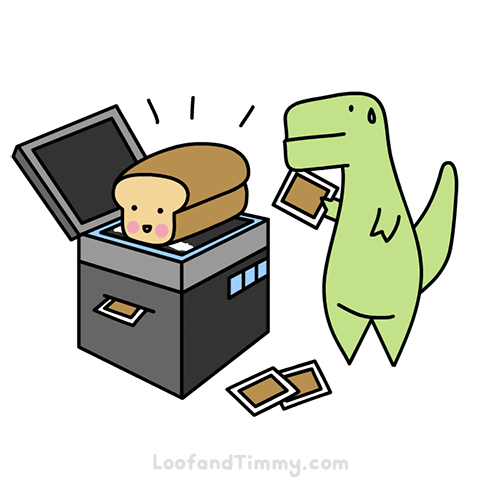 Animation of dinosaur photocopying a loaf of bread.
