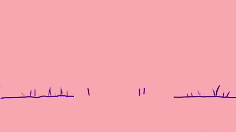 Pink background with purple drawing of a grave stating RIP.