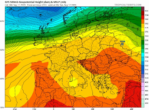 *Temperatura y geopotencial a 500 hPa previsto por el modelo GFS / Tropical Tidbits