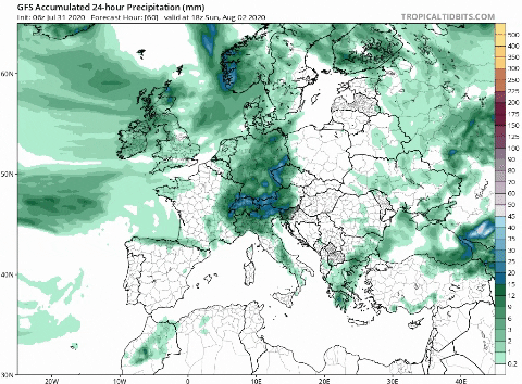 Lluvias previstas a lo largo del lunes por el modelo GFS / Tropical Tidbits
