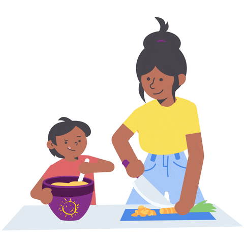 woman preparing food with her child