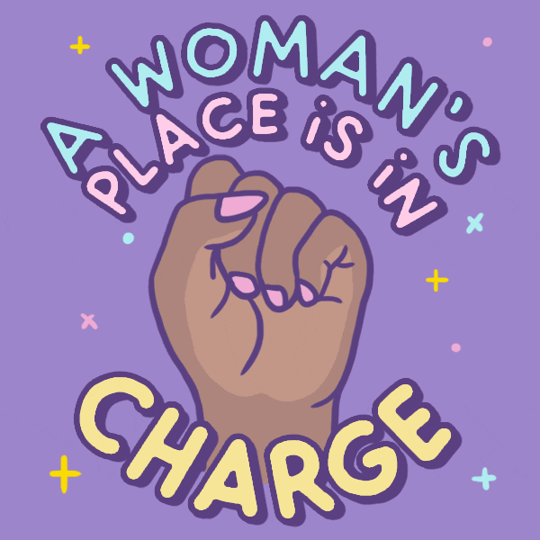 Gif of hand changing to different skin tones with words "a woman's place is in charge"