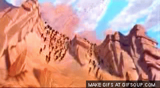 Simba, a painting of a group of people walking up a mountain