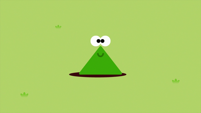 A frog character from Hey Duggee blinks and looks blankly at the reader