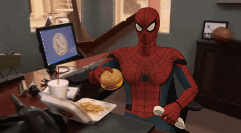 Spiderman Godín trabajando y comiendo