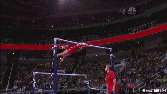 A gymnast simulating the author on the bars