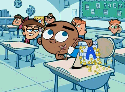 Cartoon boy showing off his "A" mark on an assignment by with a paper full of stars