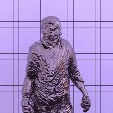 a silver man with a flowing, rippling surface texture