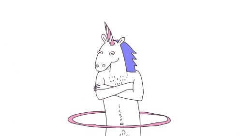 Illustration of unicorn with human anatomy, standing, rolling a hula hoop around her waist