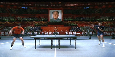 Forrest Gump playing table tennis.
