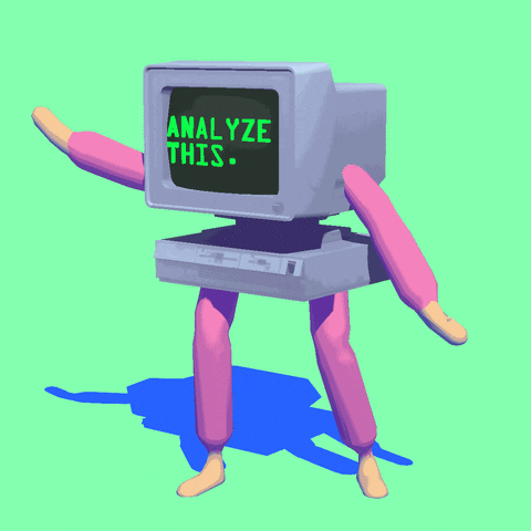 a computer with arms and legs dancing and displaying "analyze this" on the monitor