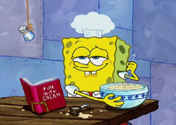 Spongebob Squarepants cooking something with a chef's hat on