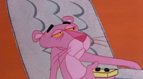 pink panther, tired, clicking remote