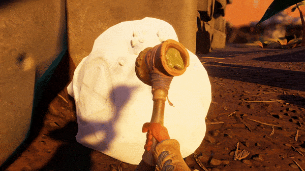 Animated Gif of Player breaking a "Yoked Girth Milk Molar" vitamin with a hammer.