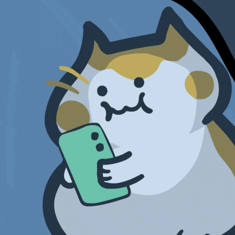 Animated cartoon cat hunched over a phone with the word "scroll" flashing beside it.