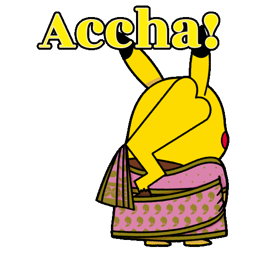 A sticker featuring female Pikachu (as evidenced by its heart shaped tail) wearing a pink saree says Accha, meaning Okay!