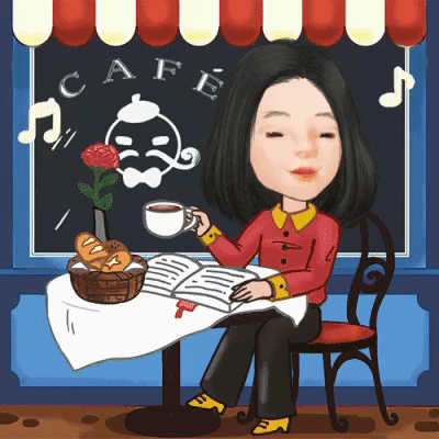 Cartoon woman drinking coffee and reading at a cafe