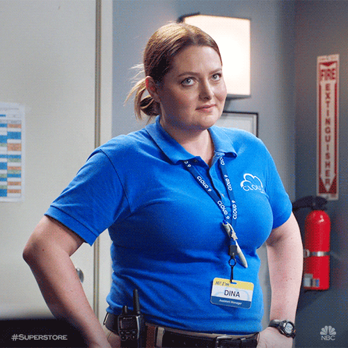 A GIF of Dina from Superstore standing with her hands on her hips. She starts to smile while her eyes move up.