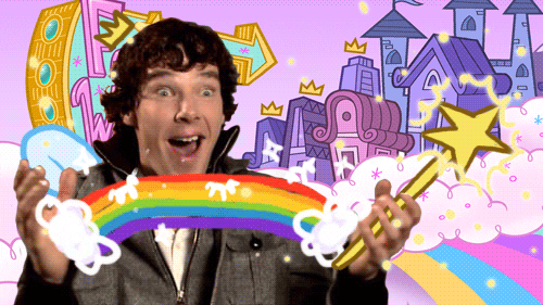 Sherlock (Benedfort Cumberwith) with a magic wand, a rainbow, and fairwyworld from the Fairly Odd Parents. It looks like the Internet spit up on him.