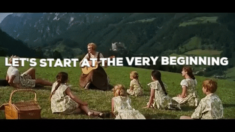 a gif showing Maria playing guitar in a meadow surrounded by the Von Trappe children with the text,
