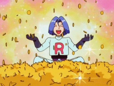 Cartoon character, James from Pokemon, laughing while coins fall around him