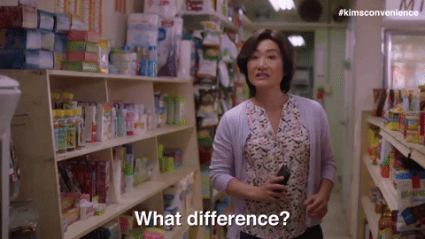 Kim's Convenience scene. where a woman asks man, "What difference?" and the man responds back with, "Big difference." 