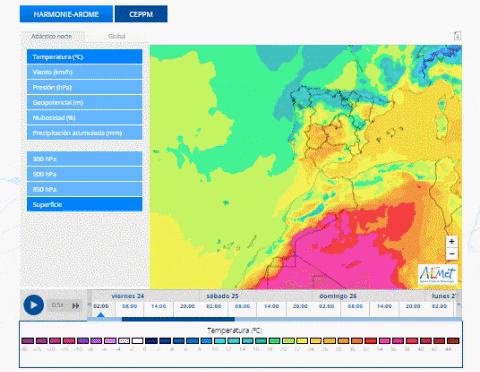 Masas de aire en superficie previstas para la semana próxima por la Aemet