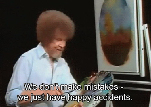Painter Bob Ross is standing by an easel holding a paint brush and palette. He says, 
