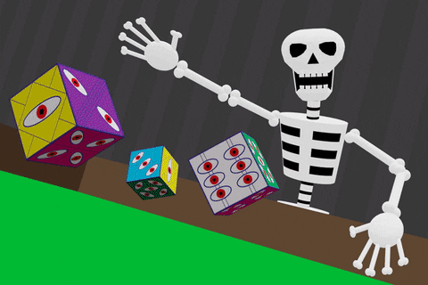 A skeleton rolls dice.