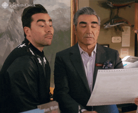 David from Schitt's Creek looking over a computer and saying Public Relations