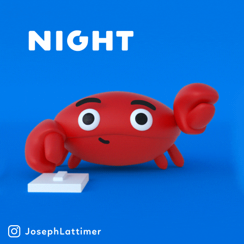 gif of a red animated crab in a blue background switching lights off and saying 'Night Night'. The image is authored by an instagram user @JosephLattimer
