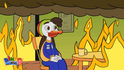 Cartoon duck sitting in a burning room surrounded by flames saying "This is fine"
