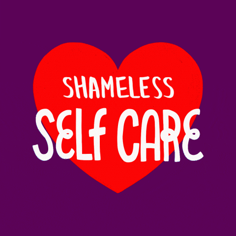 'Shameless Self-Care' with a bunch of hearts floating around