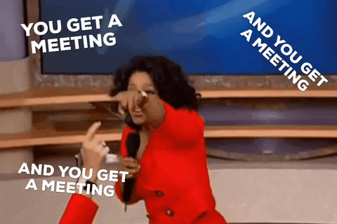 This is a GIF of Oprah Winfrey from her talk show. She is yelling excitedly and pointing at her audience as the words, "You get a meeting, and you get you a meeting, and you get a meeting," appear on this GIF.
