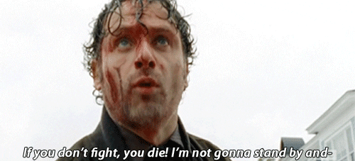 Rick with blood on his face makes a speech and gets hit over the head. Rick with blood on his face makes a speech and gets hit over the head.