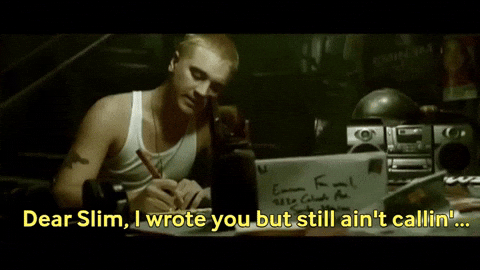 Scene from Eminem's Stan video - a fan writing a letter to Slim