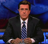 Stephen Colbert unhappy around falling balloons