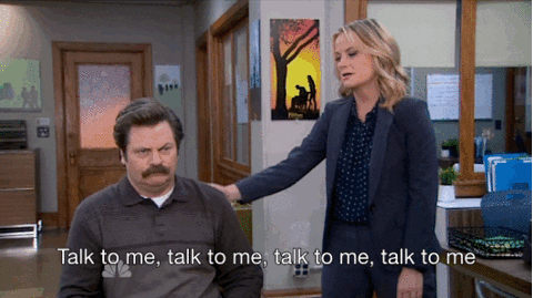 Leslie irriating ron

Parks And Recreation Talk GIF
https://media.giphy.com/media/R55sOeBR22ogg/giphy.gif
