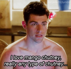 A white, shirtless man says: "I love mango chutney, really any type of chutney."