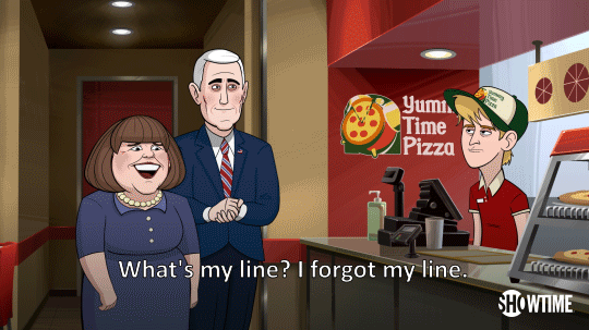 Gif of a cartoon woman saying "What's my line? I forgot my line. Line!"