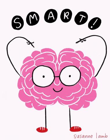 Big pink brain with big round reading glasses bouncing stick knees up and down wearing red shoes with little stick arms curling up pointing to brain, with caption S M A R T in white letters and black circles, above pink brain