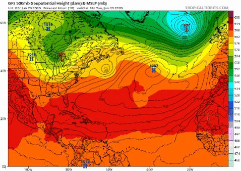 Temperatura y geopotencial a 500 hPa previsto por el modelo GFS para el miércoles / Tropical Tidbits