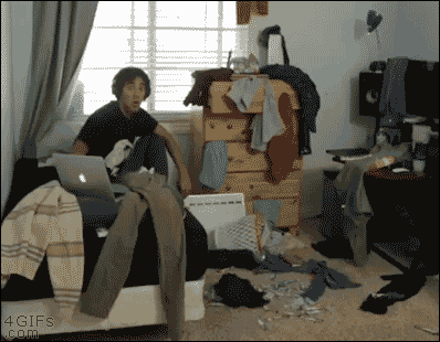 man hiding the mess in his bedroom