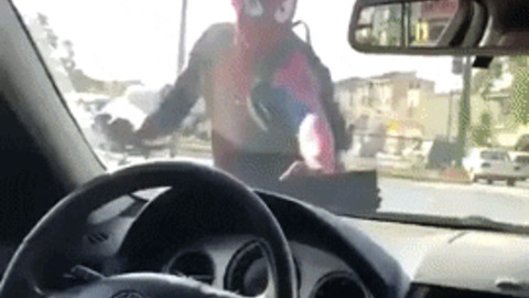 The moment Spiderman clean your window