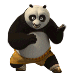 In this GIF there is the panda main character of the animated movie Kung Fu Panda doing some kung fu chops ending with a rotating flying kick.